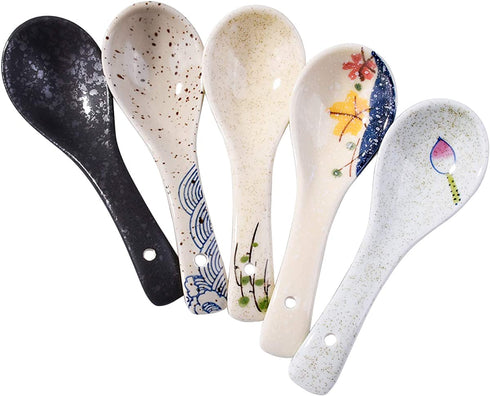 Whitenesser Japanese Retro Soup Spoons Set of 5, Ceramic Spoon Suitable for Soup, Gravy, Cake, Oatmeal, Chaos, Dumplings,Salad
