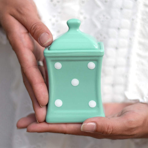 Handmade Teal Blue and White Polka Dot Small 5.3oz/150ml Ceramic Kitchen Herb, Spice, Storage Jar with Lid, Pottery Canister, Housewarming Gift by City to Cottage®