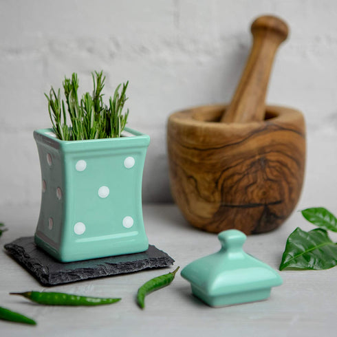 Handmade Teal Blue and White Polka Dot Small 5.3oz/150ml Ceramic Kitchen Herb, Spice, Storage Jar with Lid, Pottery Canister, Housewarming Gift by City to Cottage®