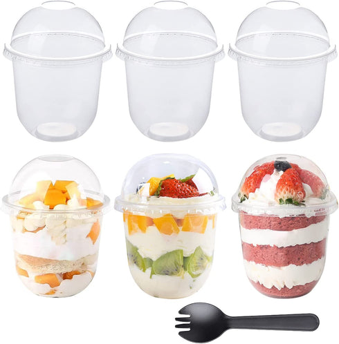 50Pcs 12oz Clear Plastic Cups with Dome Lids No Hole and 50Pcs Sporks, Disposable Dessert Party Cups for Ice Cream Cake Cold Drinks