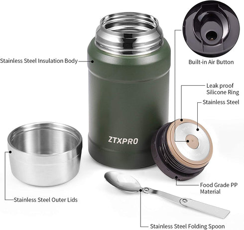 ZTXPRO Thermos Food Jar Insulated Lunch Container for Hot & Cold Food 27 oz Stainless Steel Wide Mouth Soup Thermos with Folding Spoon for School/Work/Travel/Outgoing - Olive