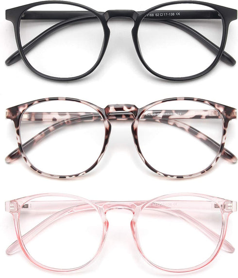 IBOANN 3 Pack Blue Light Blocking Glasses Women/Men, Round Fashion Retro Frame, Vintage Fake Eyeglasses with Clear Lens (Matte Black & Leopard & Clear Pink)