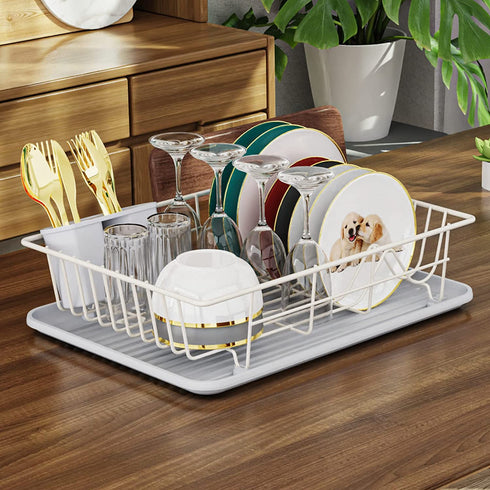 Dish Drying Rack, Veckle Sink Side Dish Rack with Drainboard Cutlery Utensil Holder Dish Drainer Wire Rack for Kitchen Countertop, White