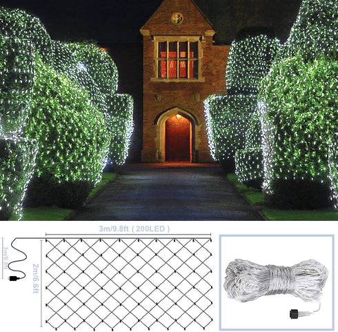 JMEXSUSS 200 LED Net Lights Plug in Mesh Lights, 8 Modes 9.8ft x 6.6ft Net Lights Outdoor Mesh Lights, Waterproof Christmas Net Lights for Bushes(White)
