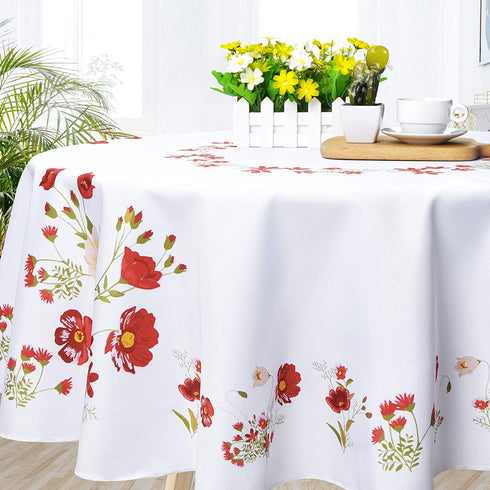 Floral Tablecloth, Wild Flower Table Cloth, Spring Summer Waterproof Wrinkle Free Tablecloth for Outdoor, Picnic, Camping, Patio, Party, Kitchen, Dining Room, Red and White, 55 inch Round