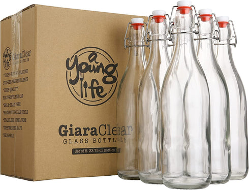 Flip Top Glass Bottle Swing Top Brewing Bottle with Stopper for Beverages, Oil, Vinegar, Kombucha, Beer, Water, Soda, Kefir Airtight Lid & Leak Proof Cap Clear (6)