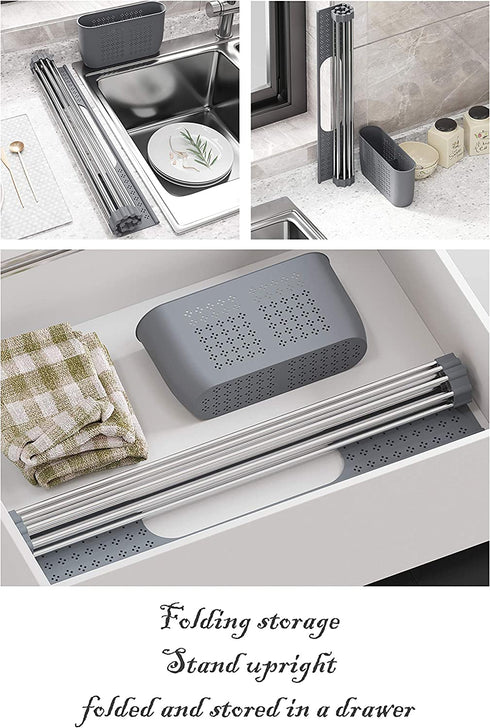 BAMEOS Roll Up Dish Drying Rack Over The Sink, 20?L x 11?W x 4.72?H Foldable Stainless Steel Dish Drying Rack with Utensil Holder & Sponge Holder for Kitchen Sink (Gray)