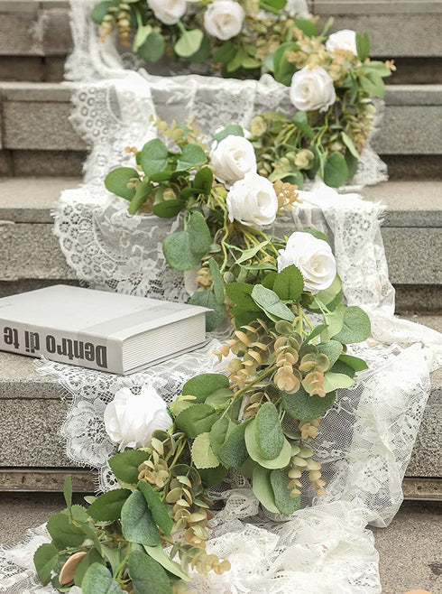 TOPHOUSE Artificial White Rose Garland 6.5ft Eucalyptus Flower Garland Real Touch White Rose Vine for Mantle Table Centerpiece