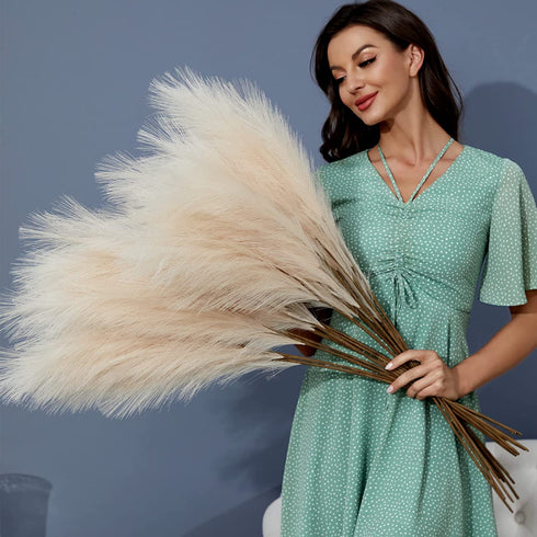 8 PCS Faux Pampas Grass Decor 38"/3.1FT Tall Fake Pompas Floral Large Artificial Pompous Grass Branches Plants for Floor Vase Filler Home Boho Decoration (Cream/Beige)