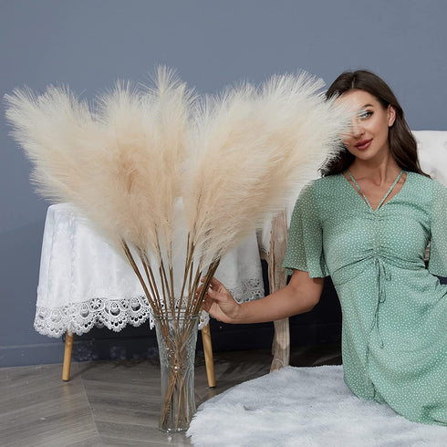 8 PCS Faux Pampas Grass Decor 38"/3.1FT Tall Fake Pompas Floral Large Artificial Pompous Grass Branches Plants for Floor Vase Filler Home Boho Decoration (Cream/Beige)