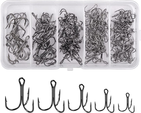 Black Treble Hooks Kit, 150pcs Sharp Treble Fishing Hooks Set High Carbon Steel Classic Round Bend Triple Fish Hooks Set for Catfish Saltwater Freshwater Size 4 6 8 10 12