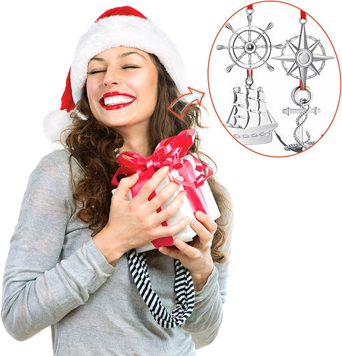 4 Pieces Silver Christmas Tree Ornament Nautical Navy Christmas Ornament Boat Helm and Anchor Christmas Decor with Red Rope and Christmas Bags