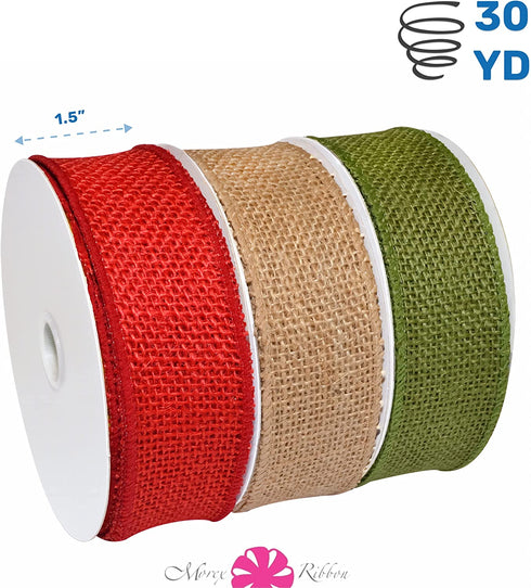 Morex Ribbon 1252.40/P3-004 Burlap 1.5" X 30 YD Jute Wired Ribbon, Natural/Green/Red (3-Pack), Arts & Crafts Burlap Roll for Wedding Decor and Rustic Christmas Decorations Indoor Home Decor