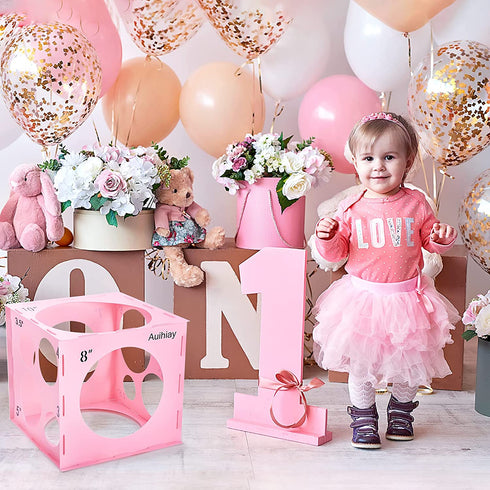 Auihiay 12 Holes Plastic Balloon Sizer Box Cube, Pink Collapsible Balloon Size Measurement Tool for Balloon Arches, Balloon Towers, Balloon Columns and Balloon Decorations (2-10 Inch)