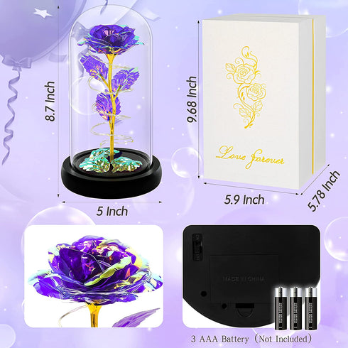 Purple Colorful Artificial Flower Rose Gift,Light Up Rose Flowers Gift, Rose Flower in Glass Dome,Women Gifts Idea for Valentine's Day,Mother's Day,Thanksgiving,Birthday,Anniversary On Any Occasion