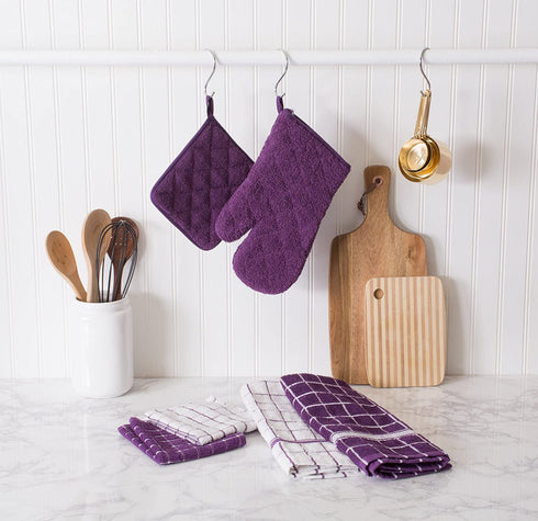 DII Basic Terry Collection Windowpane Dishcloth Set, 12x12, Eggplant, 6 Piece