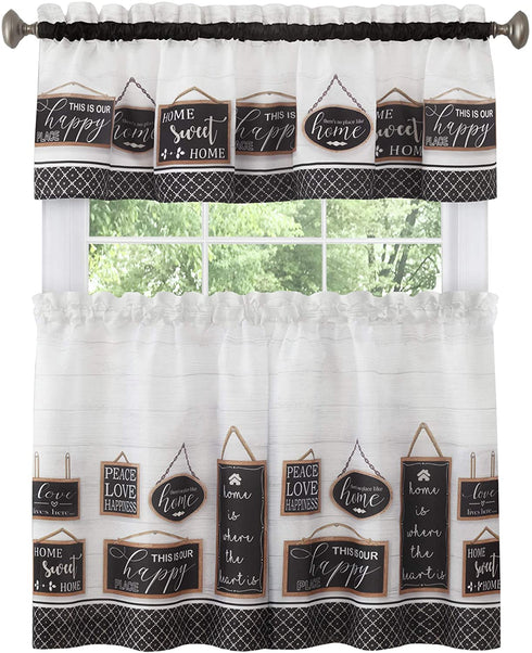 Achim Home Furnishings Modern Farmhouse Tier and Valance Window Curtain Set, 58" x 36", Black