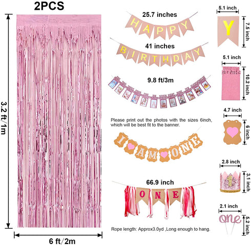 EAF 1st Birthday Girl Decorations 78PCS Pink 1st Birthday Decorations for Girl with Pink Tinsel Curtain, 12 Months Photo Banner, 1st Birthday Highchair Banner, I AM ONE and Happy Birthday Banner