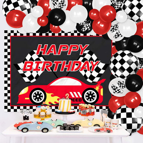 Race Car Birthday Party Decoration Supplies 83PCS Race Car Backdrop Banner and Balloon Garland Kit Happy Birthday Checkered Flags Photo Backdrop for Sports Theme Party Two Fast Birthday Decorations