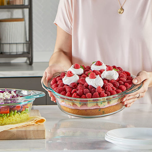 Pyrex | Clear Tempered Glass Pie Baking Dishes | Set of Two| 9.5" Deep, 60% Deeper than Pyrex Basic | Wide Handles for Extra Grip while Cooking & Baking | Doesn't Absorb Food Odors and Stains