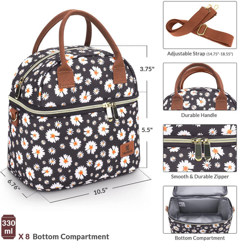 Hafmall Insulated Lunch Bag for Women, 9L Dual Deck Womens Lunch Box with Shoulder Strap, Reusable Adult Lunch Tote Bag for Work/School/Picnic, Daisy