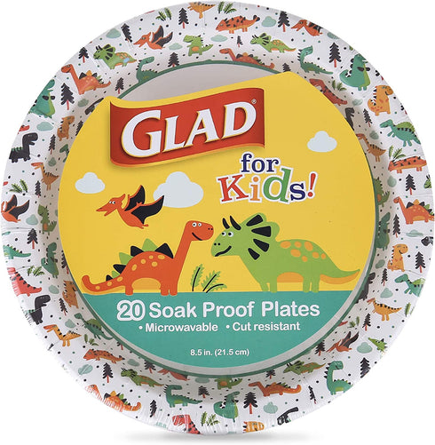 Glad for Kids 8 1/2-Inch Paper Plates|Small Round Paper Plates with Dinosaurs for Kids|Heavy Duty Disposable Soak Proof Microwavable Paper Plates, 8.5" Round Plates 20ct| Kids Plates, Dinosaur Plates