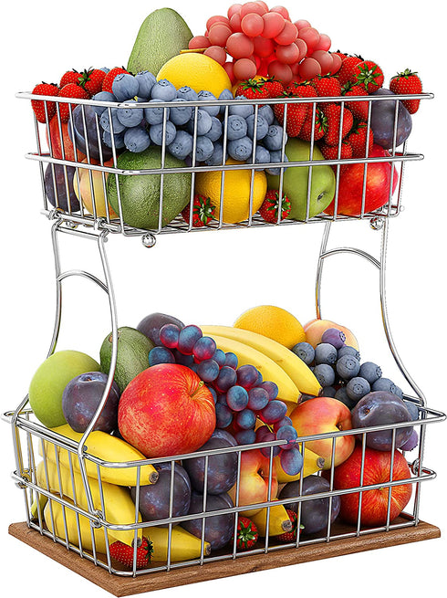 Jozsi 2 Tier Fruit Basket,Detachable Metal Fruit Bowl Bread Basket,Counter Organizer Fruit Holder Storage Stand with Screws Free For Kitchen Bathroom