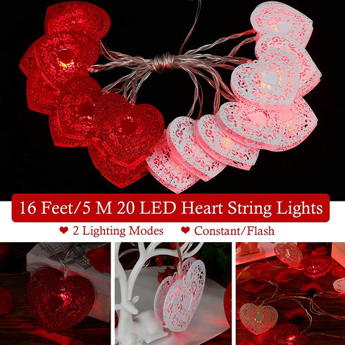 16 Feet/ 5 Meters 20 LED Heart String Light, Valentine's Day String Light Battery Operated Decoration Fairy String Light Warm Red Light Decor for Garden Party Wedding Christmas Party (Red, White)