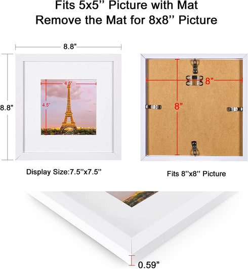 upsimples 8x8 Picture Frame Set of 3,Display Pictures 5x5 with Mat or 8x8 Without Mat,Multi Photo Frames Collage for Wall,White