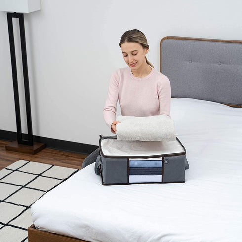 VENO 3 Pack Medium Clothes Storage Bag Organizer with Reinforced Handle Thick Fabric for Comforters, Blankets, Bedding, Foldable with Sturdy Zipper, Clear Window, Grey, Reusable and Sustainable (9.5 Gallon)