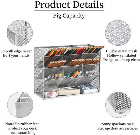 Marbrasse Mesh Desk Organizer, Multi-Functional Pen Holder, Pen Organizer for desk, Desktop Stationary Organizer, Storage Rack for School Home Office Art Supplies (Mesh Pen Holder-Silver)
