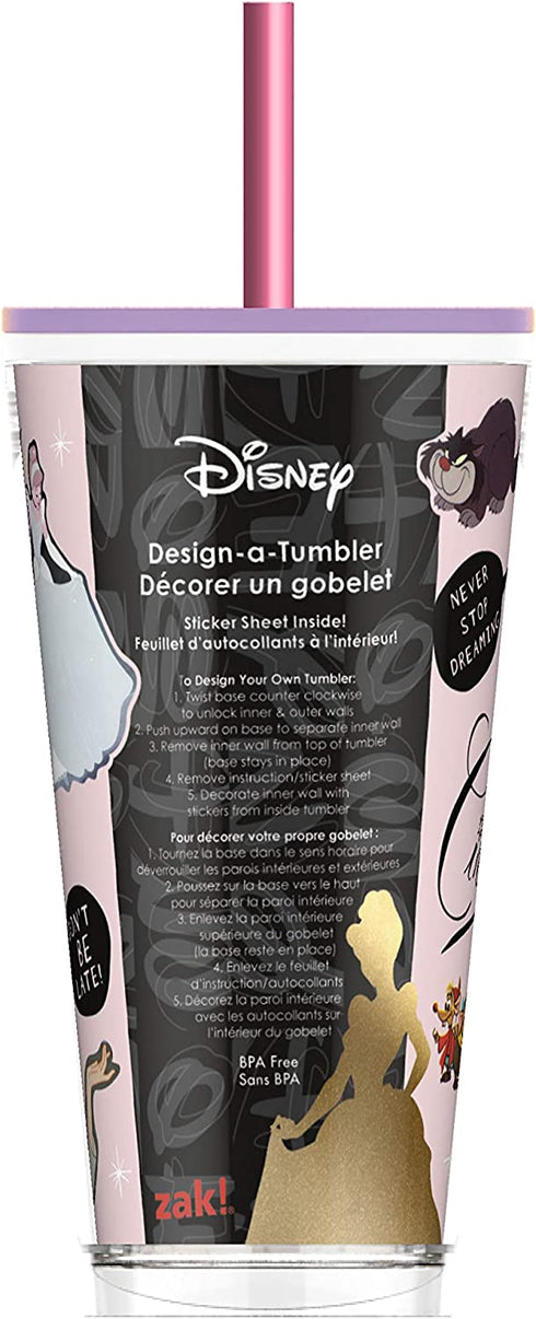 Zak Designs Design-A-Tumbler Disney Princess Cinderella Kids DIY Sticker Tumbler with Straw and Double-Wall Insulation, BPA free, 16 OZ