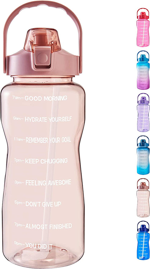 EYQ Half Gallon/64 oz Water Bottle with Time Marker, Carry Strap and Motivational Quote, Leak-Proof Tritan BPA-Free, Ensure You Drink Enough Water for Fitness, Gym, Camp, Sports (Clear Rose pink)
