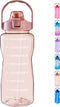 EYQ Half Gallon/64 oz Water Bottle with Time Marker, Carry Strap and Motivational Quote, Leak-Proof Tritan BPA-Free, Ensure You Drink Enough Water for Fitness, Gym, Camp, Sports (Clear Rose pink)