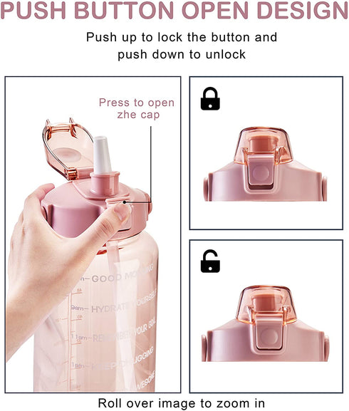 EYQ Half Gallon/64 oz Water Bottle with Time Marker, Carry Strap and Motivational Quote, Leak-Proof Tritan BPA-Free, Ensure You Drink Enough Water for Fitness, Gym, Camp, Sports (Clear Rose pink)
