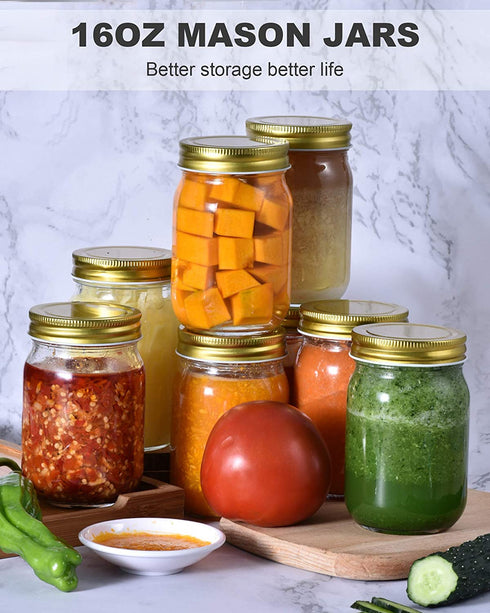 16 oz Mason Jars With Lids Regular Mouth 15 Pack-16 oz Glass Jars with Lids,Bulk Pint Clear Glass Jars For Meal Prep, Food Storage With 20 Labels (Gold Lids)