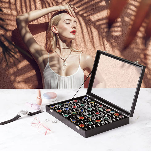 Pangkeep 100 Slots Ring Display Case,Ring Organizer Box,Jewelry Tray Storage Organizer Case with Glass Lid(Black Velvet).