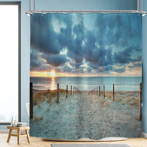 Riyidecor Ocean Beach Shower Curtain 72Wx72H Sunset Summer Sunrise Hawaiian Scenic Blue Sky Seaside Cool Sea Landscape Sand Decor Fabric Bathroom 12 Pack Plastic Shower Hooks