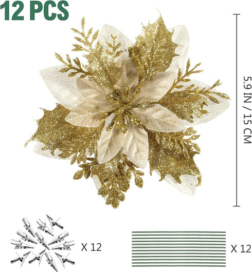 jojofuny 12Pcs Christmas Glitter Poinsettia Flowers, Christmas Tree Flower Decorations Artificial Flowers with Stems and Clips for Wedding Party Wreath (Golden)