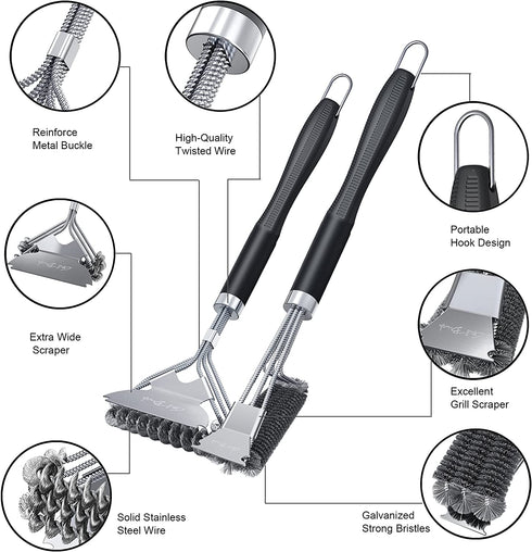 AJIJING Grill Brush and Scraper,2 Pack BBQ Grill Cleaning Brush 18" Stainless Steel Wire Bristle BBQ Grill Cleaner Brush Scraper Accessories for Gas Grill Weber Charcoal Porcelain Ceramic Iron Grill