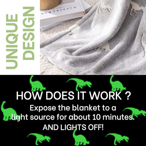 jinchan Dinosaur Throw Blanket Glow in The Dark Grey Lightweight Flannel Fleece Throw Blankets for Nursery Couch Bed Decor Magical Blankets All Seasons Gift for Girls Boys Baby Kids 40x60 Inch