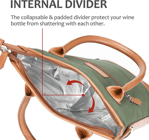 Tirrinia Insulated Wine Carrier Tote - Travel Padded 2 Bottle Wine/Champagne Cooler Bag with Handle and Adjustable Shoulder Strap, Great Wine Lover Gift, Olive