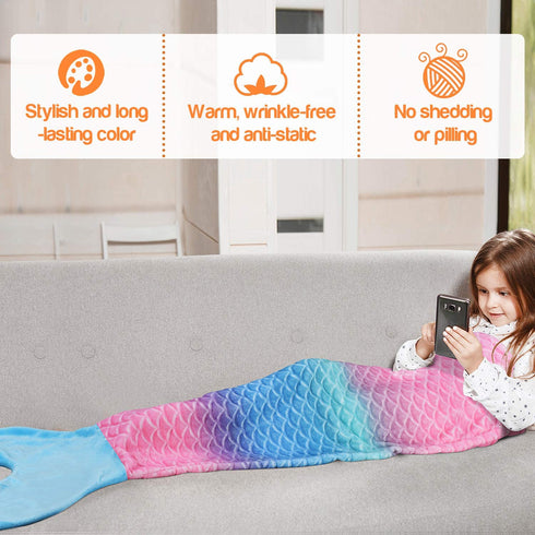 Catalonia Kids Mermaid Tail Blanket, Super Soft Plush Flannel Sleeping Snuggle Blanket for Teen Girls, Rainbow Ombre, Fish Scale Pattern, Gift Idea