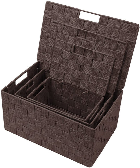 Sorbus Storage Box Woven Basket Bin Container Tote Cube Organizer Set Stackable Storage Basket Woven Strap Shelf Organizer Built-In Carry Handles (Lid Bins - 3 Pack, Chocolate)
