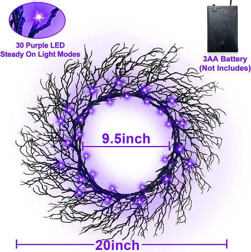 TURNMEON 20 Inch Prelit Halloween Wreath with Timer 30 LED for Front Door Halloween Decorations Purple Lights Battery Operated Glitter Scary Black Wreath Halloween Decoration Indoor Outdoor Home Party