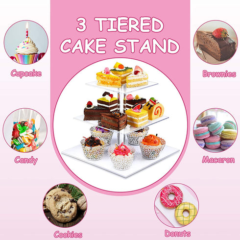 2 Pieces Cupcake Stand Including 1 Pieces Round Acrylic Cake Stand and 1 Pieces Square Cupcake Tower Stand Cupcake Holder Stand for Pastry Wedding Birthday Party (Transparent, 3-Tier)