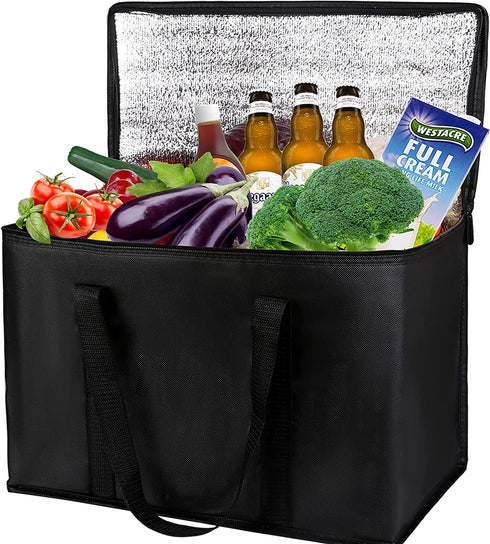 2-Pack, XL-Large Insulated Grocery shopping bags, Black, reusable bag,thermal zipper,Collapsible,tote,cooler,food transport hot and cold,for instacart,camping,Recycled Material delivery groceries