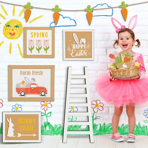 7 Pieces Tiered Tray Decor Set Farmhouse Farm Tiered Tray Decor Items Summer Sunflower Watermelon Bee Lemon Theme Mini Wooden Signs for Easter Graduation Home Kitchen Decorations (Rabbit Style)