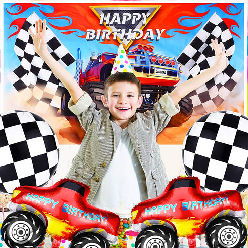 75 Pieces Monster Truck Party Supplies Monster Truck Balloons Decoration Set Including 1 Monster Truck Themed Backdrop 2 Monster Truck Balloons 2 Mosaic Race Foil Balloons and 70 Multicolor Balloons