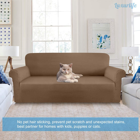 Luxurlife Premium Thickened Sofa Covers for 3 Cushion Couch 1-Piece High Stretch Couch Cover Sofa Slipcover for Pets Furniture Protector with Unique Checkered Pattern Spandex Fabric (Large, Camel)
